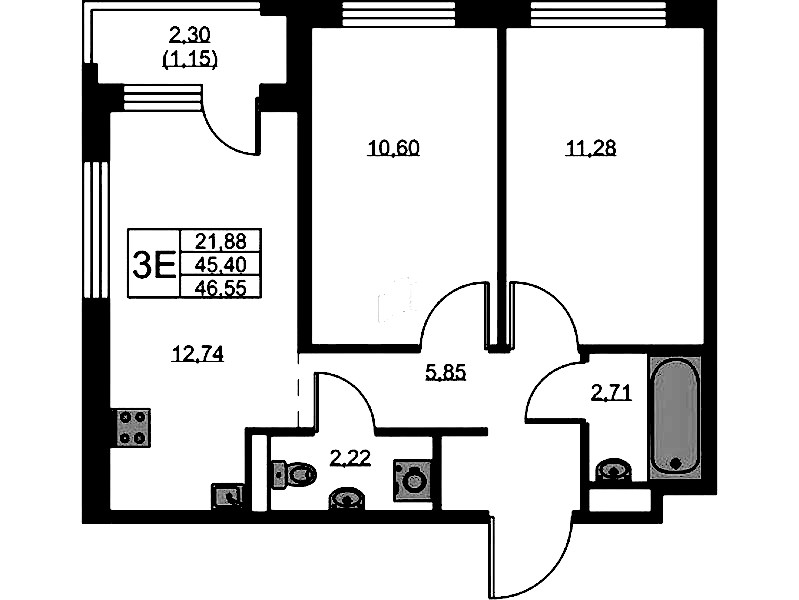 2-комнатная квартира 46.55 м², 3/9 эт., ЖК «GloraX Новоселье»